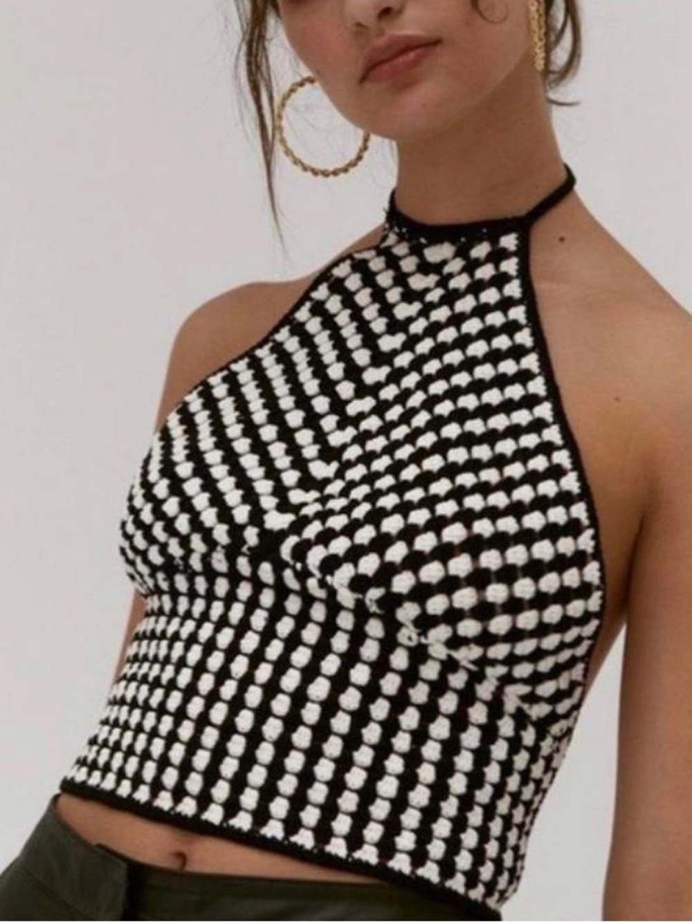 Musier Paris Black and White Cropped Halter Knit Top SZ 34 100% cotton Y2K
